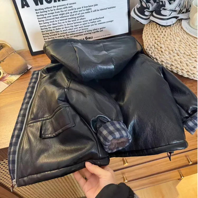 【高级感】【加厚夹棉版】连帽格子皮衣派克服儿童冬季加绒童装外套