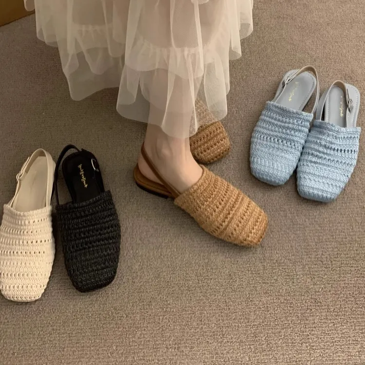 波西米亚风亚麻编织透气后绊带包头拖鞋女2025夏新款草编复古半拖