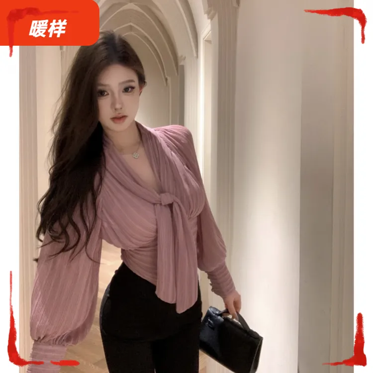 l粉紫色系带长袖领衬衫女春秋季法式气质温柔风上衣修身短款衬ll