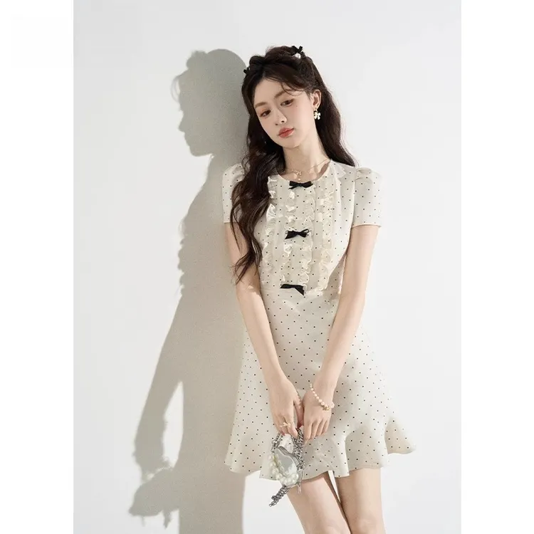 【有里布】法式木耳边圆领波点连衣裙女夏季小洋裙小个子短裙D2658