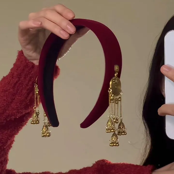 新年喜庆复古苗疆民族风丝绒摇铃流苏发箍女秋冬高颅顶新中式头饰