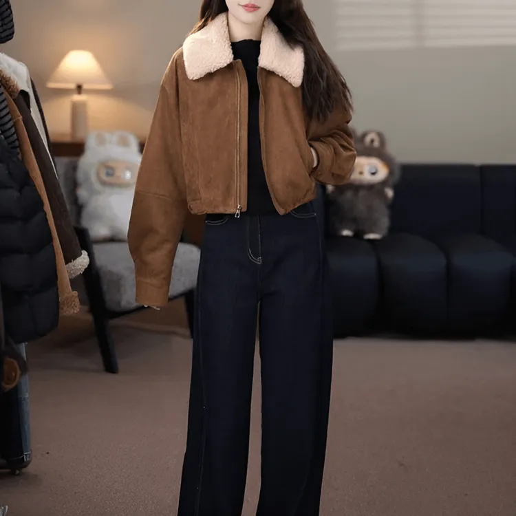 加厚毛毛翻领短外套女秋冬新款宽松百搭保暖皮毛一体机车夹克上衣