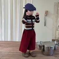 韩系女童深秋复古条纹修身毛衣开衫女宝时髦枣红阔腿裤两件套