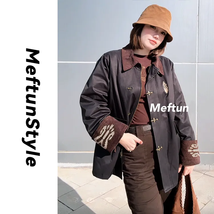 Maftun民族风复古撞色巴恩风冬季白鸭绒加厚中长款外套