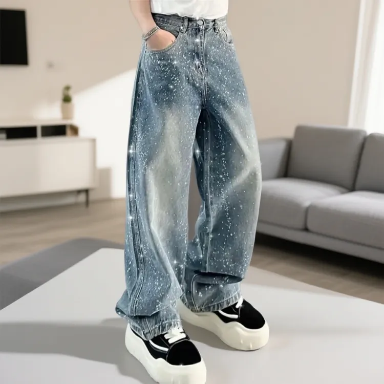 巴黎潮牌阔腿牛仔裤男宽松直筒烫钻印花复古高街蓝设计感亮片长裤