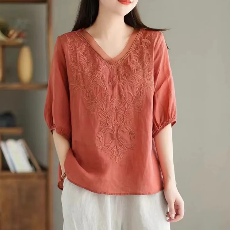 春夏新款印花刺绣时尚百搭复古上衣小衫宽松文艺绣花气质薄款