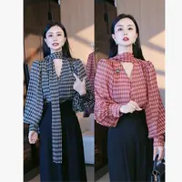 刘欣服饰 2025新款秋装雪纺格子系带领排扣衬衣网红长袖衣8494 新