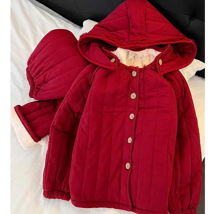 韩版显瘦红色夹棉连帽睡衣复古女秋冬季加绒加厚本命年家居服套装