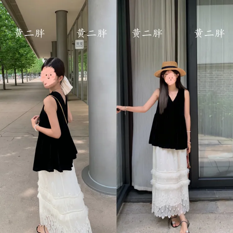 设计感木耳边V领丝绒上衣+超重工镂空绣花半裙两件套