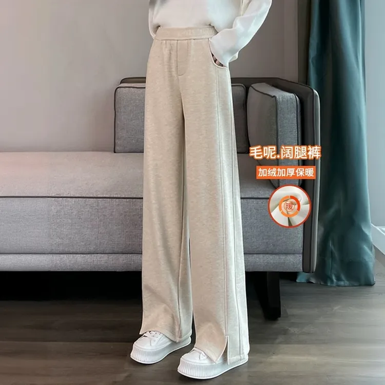 加绒加厚毛呢裤子女秋冬阔腿裤女宽松直筒运动休闲女裤开叉香蕉裤