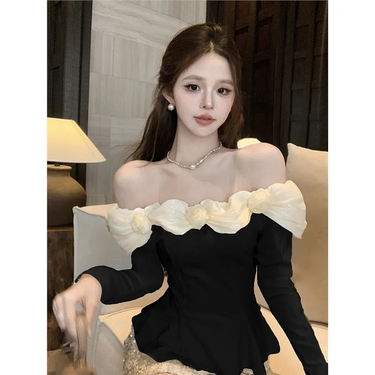 小香风花朵雪纺衬衫女秋季纯欲一字肩收腰鱼骨上衣巨好看绝美衬衣