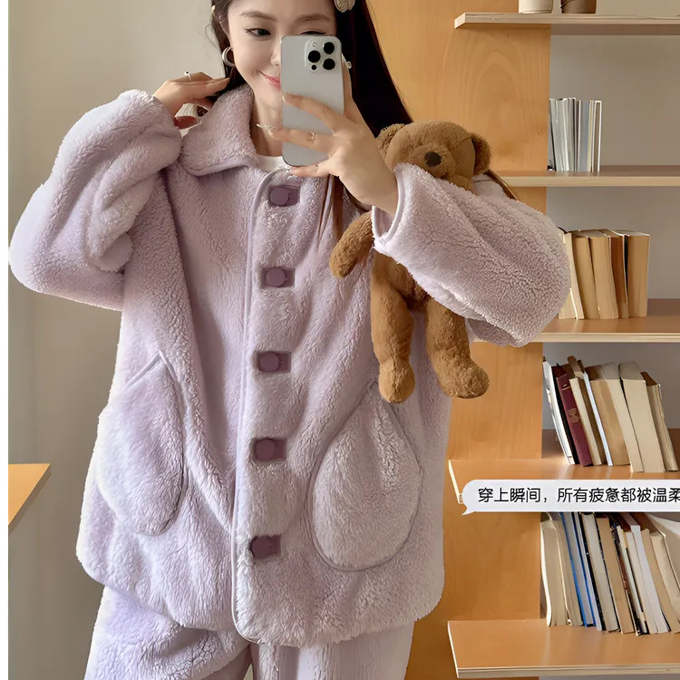 【锁温保暖】冬季新款北极绒翻领加绒加厚可外穿保暖家居服睡衣套装