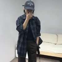 NIU ZI 格子灰蓝纽扣衬衫#36