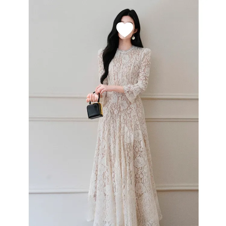6-8元运补重工毛绒蕾丝镂空秋冬长袖打底连衣裙a摆收腰修身长裙
