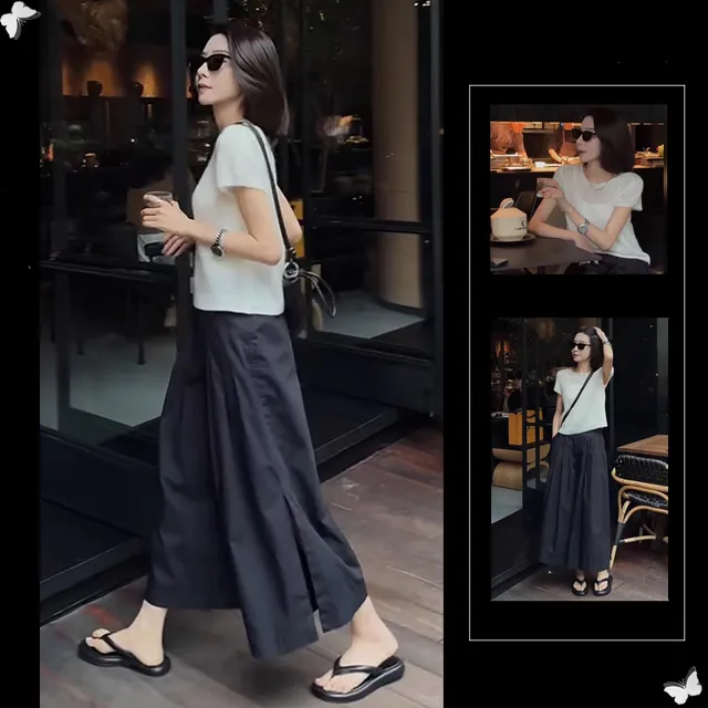 2025夏季新款干练气质针织衫短袖上衣开叉休闲阔腿裤两件套装女款