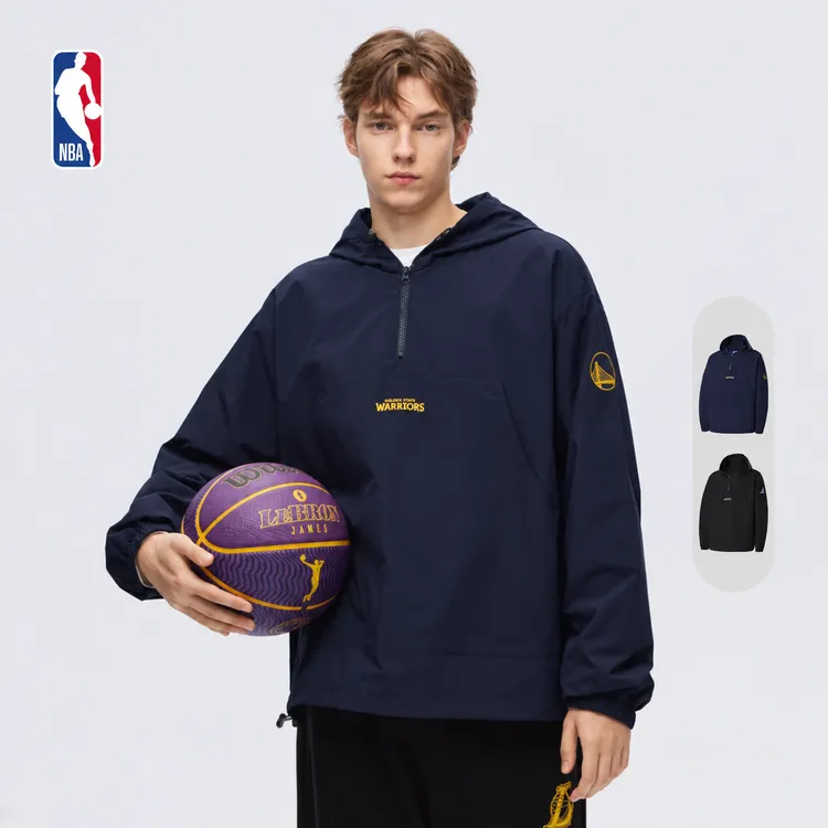 NBA官方勇士/湖人春秋半拉链梭织套头衫防风连帽外套休闲运动男