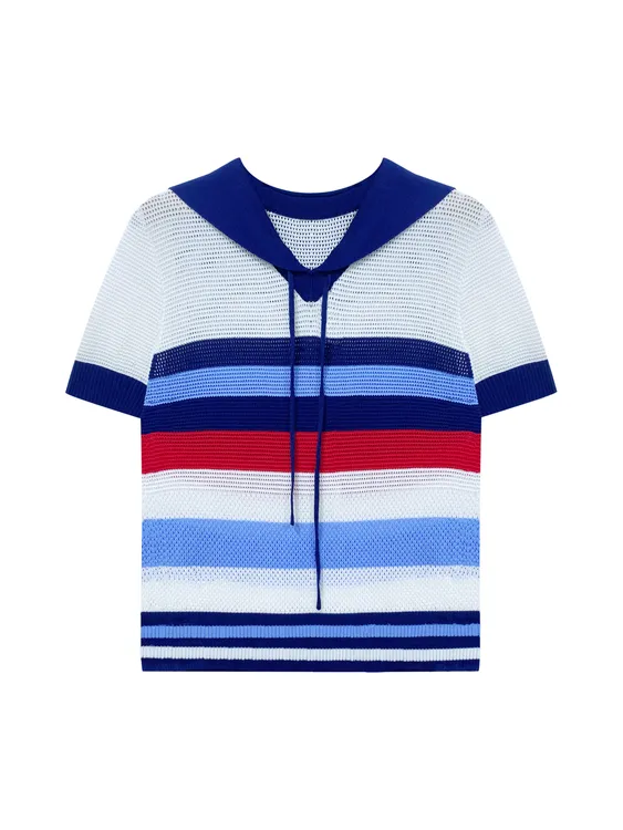 5295夏季新款韩版宽松海军领条纹撞色设计感针织上衣