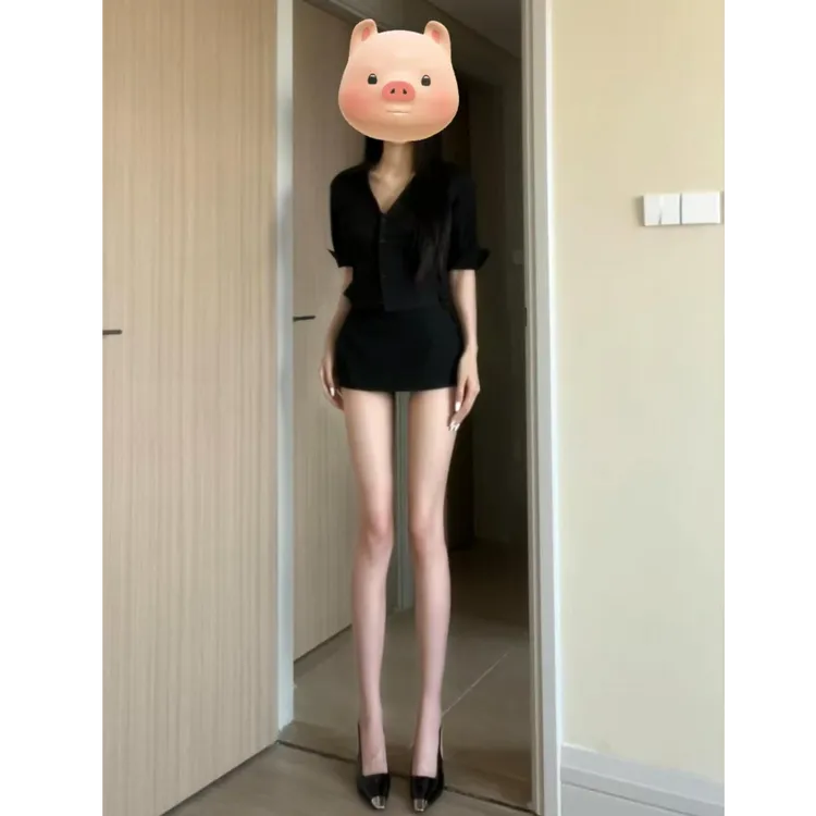 纯欲气质修身黑色衬衫Polo领通勤衬衣包臀修身半身裙2025夏季套装