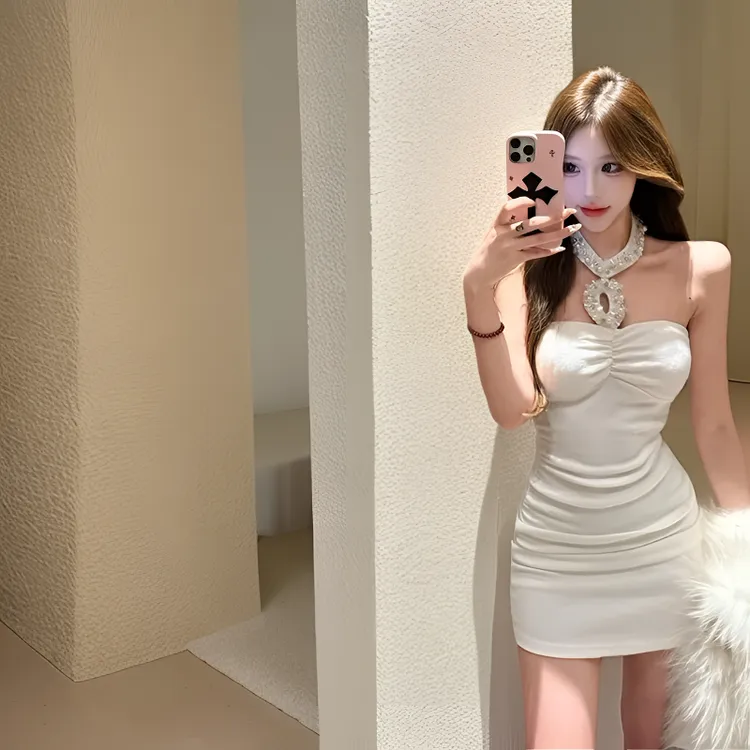 新款名媛气质纯欲辣妹风重工钉珠亮片挂脖收腰显瘦短款春季连衣裙