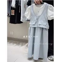 【HK潮牌童装】儿童休闲2025宽松时尚假两件牛仔连衣裙0175