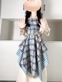 【四件套】美式设计感蓝色扎染拼接收腰显瘦格纹吊带连衣裙