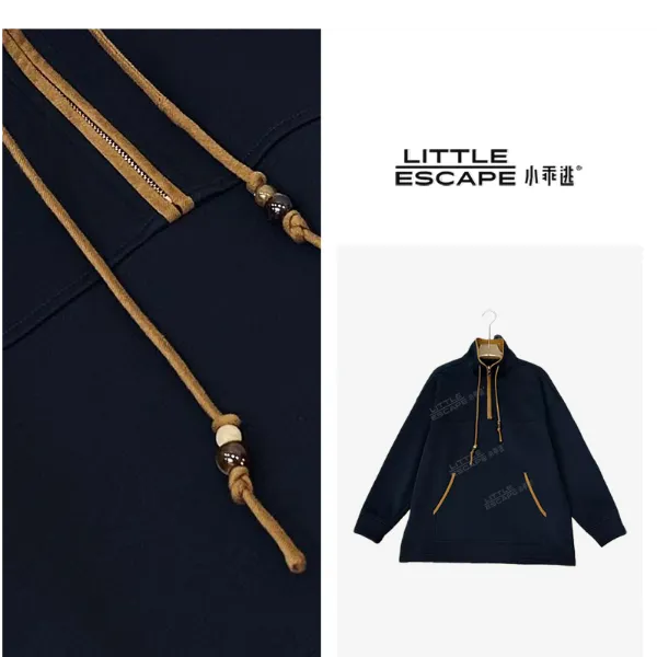 小乖逃蓝色卫衣高领半拉链咖领色斜口袋焦糖双抽绳秋冬款M9732