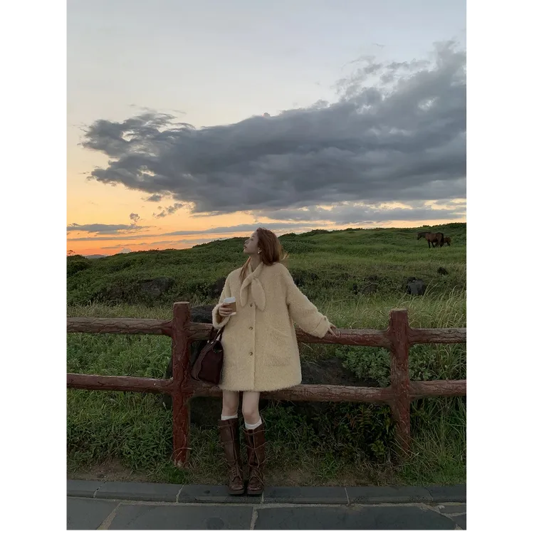 【暖炉烤茶】秋冬韩系甜美糕糕毛宽松毛呢外套