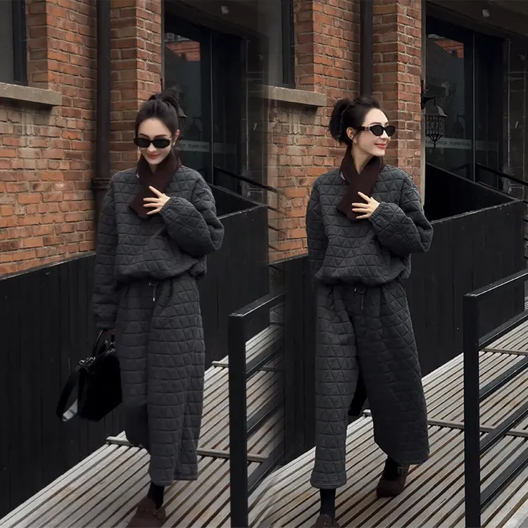 复古韩版灰色菱格棉服套装女冬2025新款时尚宽松夹棉休闲保暖套装