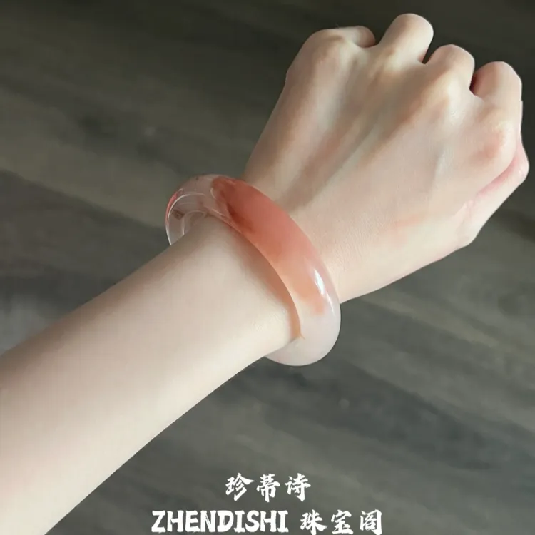 天然真玉桃花酿手镯金丝玉手镯飘花玉手镯粉色手镯子玛瑙女送礼物