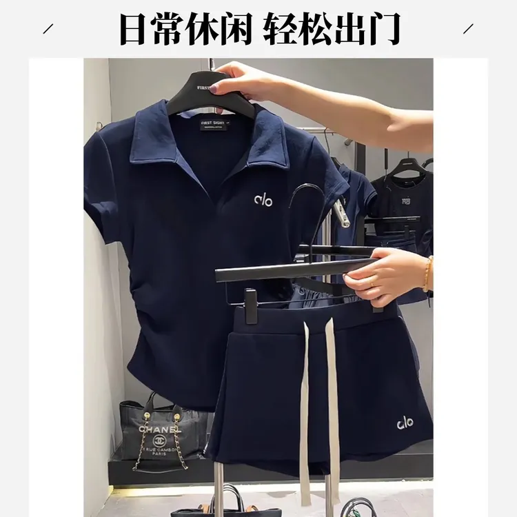短袖polo衫收腰T恤休闲运动套装女夏季新款松紧腰短裤裙两件套潮