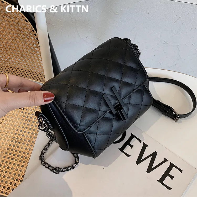 CHARICS&KITTN女包2025新款时尚菱格单肩链条斜挎包真皮百搭小包