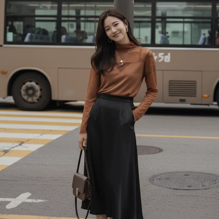 气质秋装蕾丝花边拼接长袖打底衫女复购高领显瘦上衣HBZXP621305