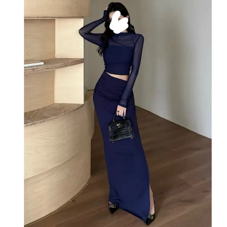 网纱拼接纯欲长袖短款上衣女秋季显身材套装褶皱包臀半身裙两件套