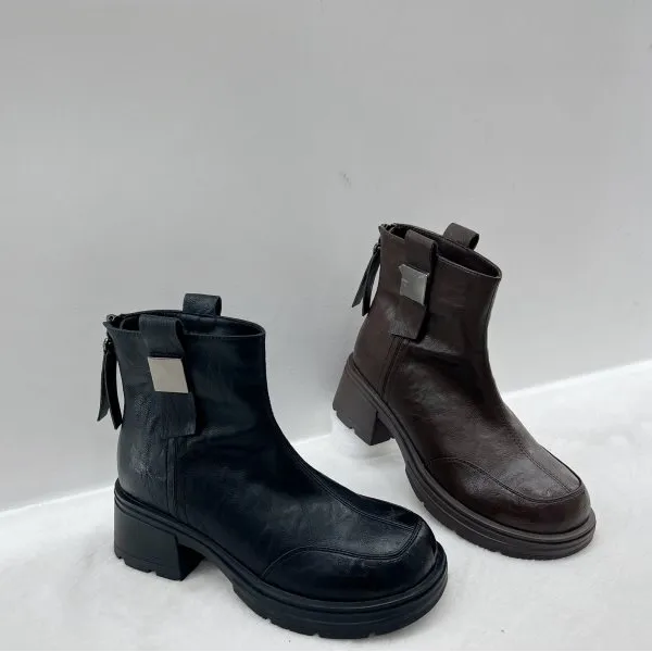 萨玛驰2025秋冬马丁靴圆头单靴短筒百搭粗跟靴防滑后拉链女靴靴子