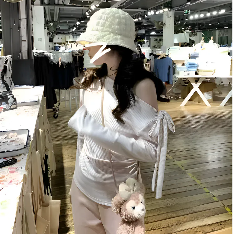 条纹斜肩t恤秋修身打底绑带设计露肩上衣百搭显瘦时尚 ZXH2289