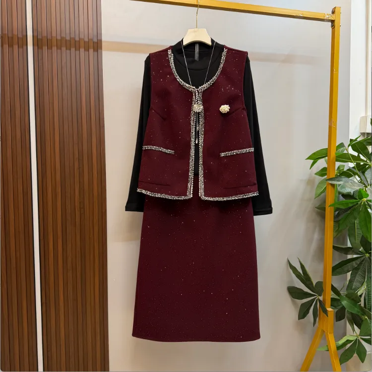 新款大码女装时尚洋气轻奢风小香风马甲打底衫半身裙三件套套装