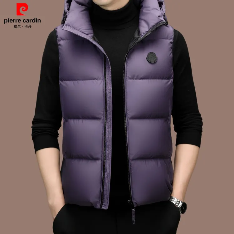 皮尔卡丹新款男士休闲羽绒马甲可脱卸帽保暖鸭绒中青年时尚马甲男
