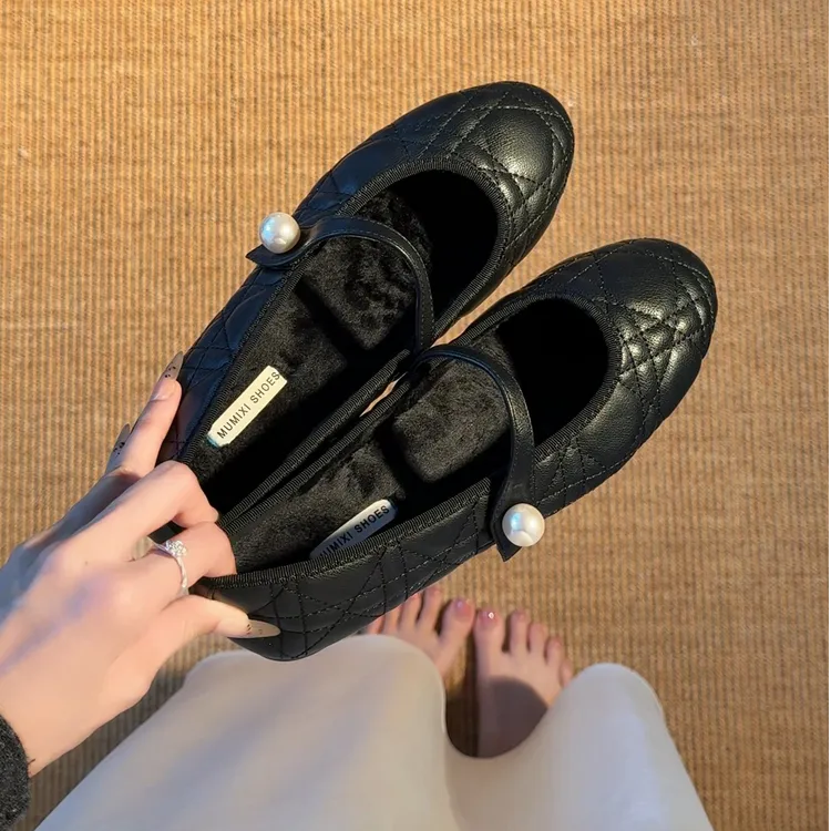 5cm~小香加绒玛丽珍鞋女冬芭蕾风菱格纹小皮鞋毛绒浅口内增高单鞋