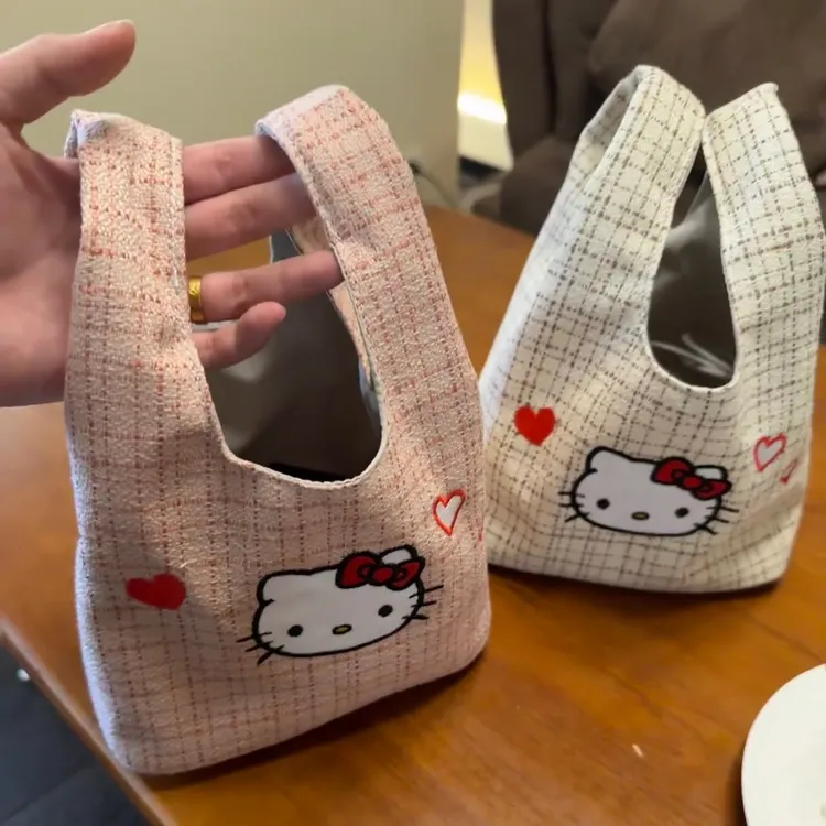 ZY新款kitty小香风针织刺绣可爱手拎手腕包外出手提包通勤收纳包