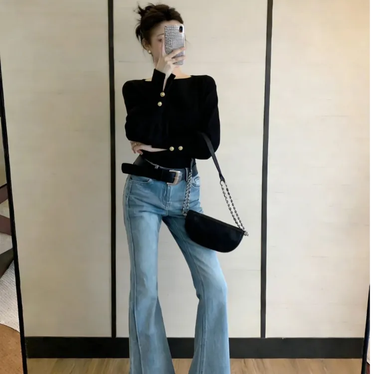 2026秋冬新款衣法式气质高级感绝美泡泡袖收腰显瘦上衣牛仔裤套装