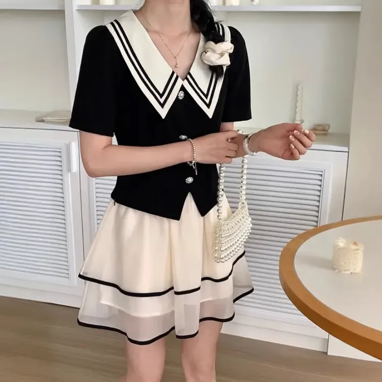 甜美减龄夏季新款小香风套装气质显瘦娃娃领上衣半身裙两件套