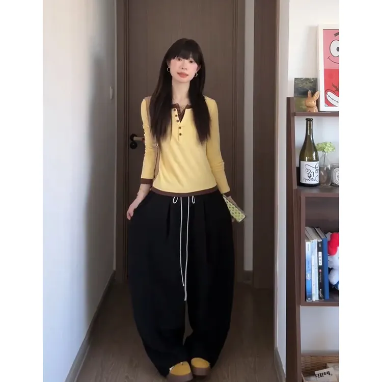2025秋季新款女韩系穿搭假两件长袖上衣百搭高腰显瘦系带阔腿长裤
