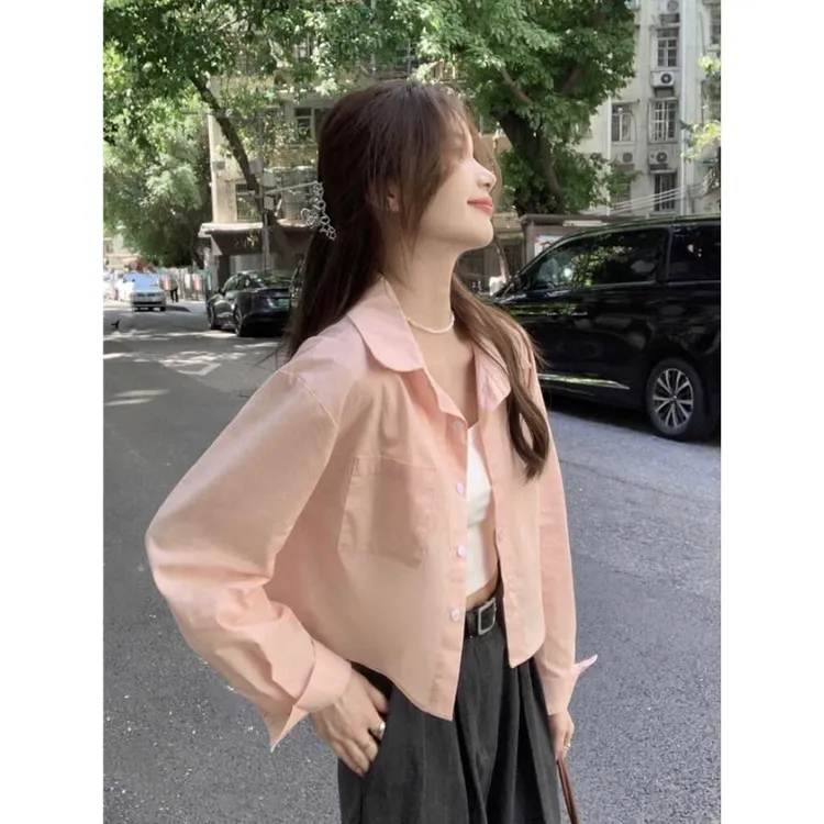 粉色短款衬衫女小个子春游出行新款长袖衬衣开衫外搭薄款外套上衣