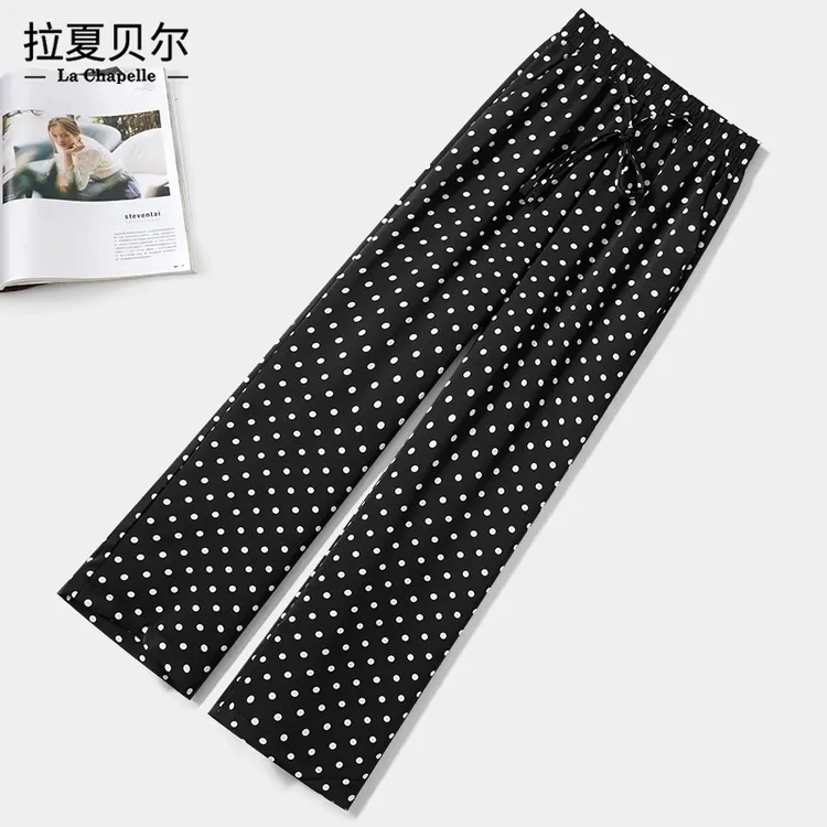 拉夏贝尔波点阔腿裤女2025年夏季新款高腰垂感宽筒黑色休闲裤