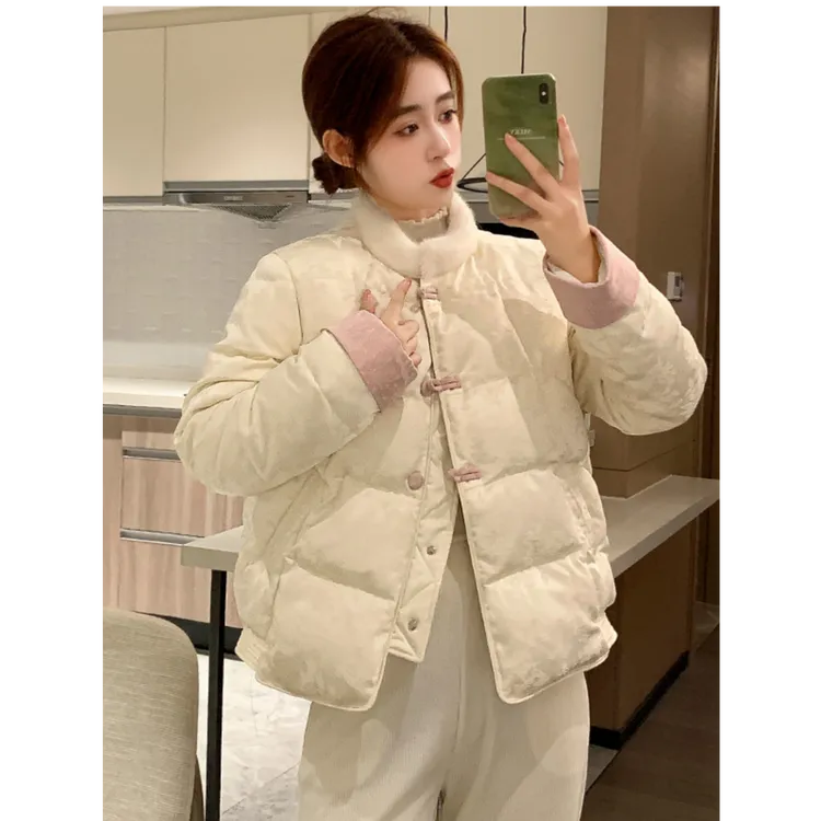 霍文萨列新中式提花白鸭绒羽绒服女冬季新款复古国风毛领外套时尚