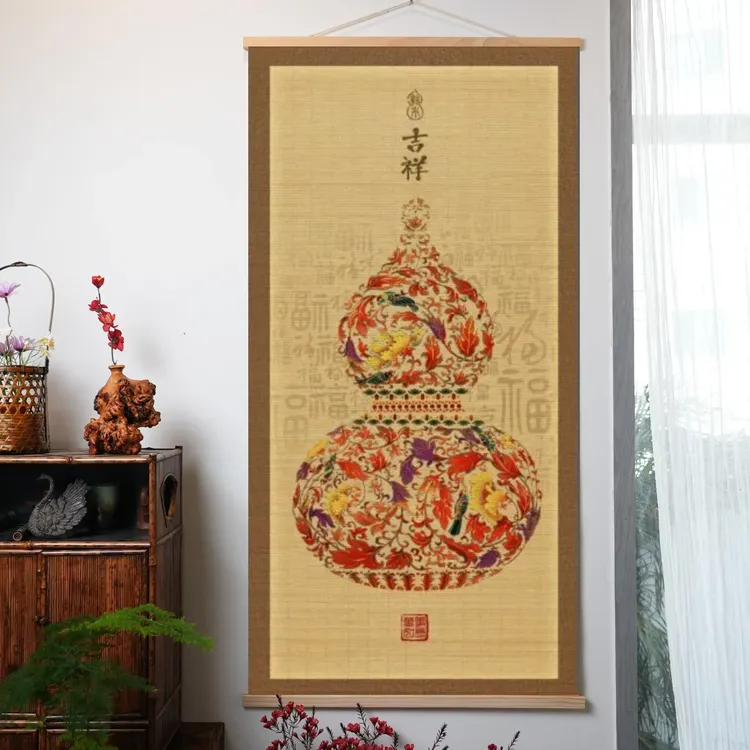 新中式福禄葫芦竹编挂画茶室入户玄关装饰画书房走廊过道壁画竹画