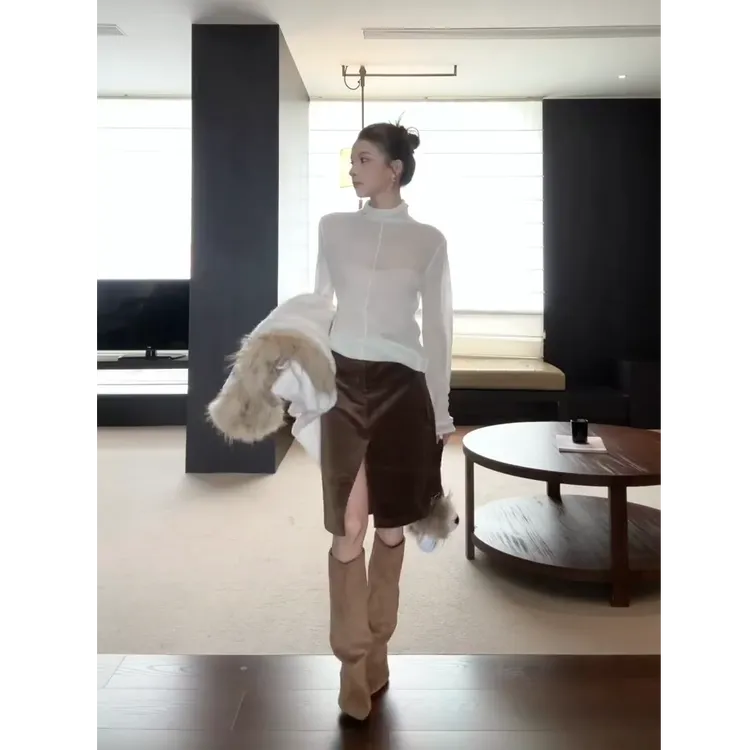 秋冬针织半高领不褪色常规立领衫时尚长袖圆领上衣配半身裙套装女