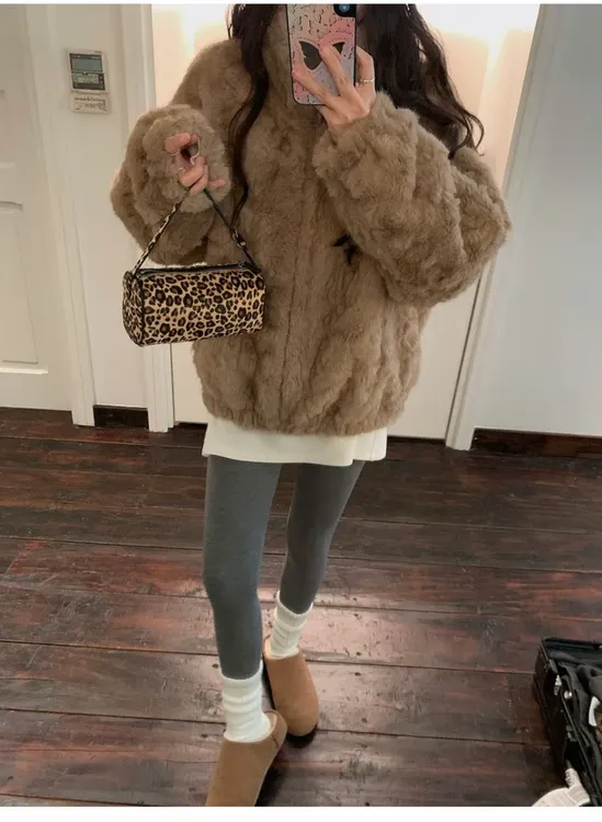 人造皮草 环保毛毛外套秋冬新款宽松韩版立领毛毛绒加厚保暖上衣