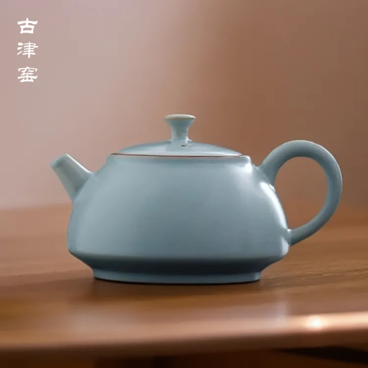 古津窑汝窑天青色陶瓷茶壶手工泡茶壶小杯子复古功夫茶具家用单壶