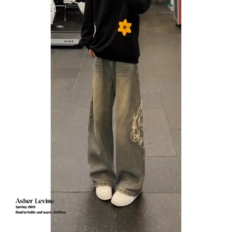 美式复古刺绣弯刀黑色牛仔裤男春秋新款宽松百搭显瘦垂感阔腿长裤